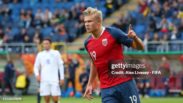 Erling Haaland of Norway celebrates after scoring his team's fourth goal from the penalty spot during the 2019 FIFA U-20 World Cup group C match...
