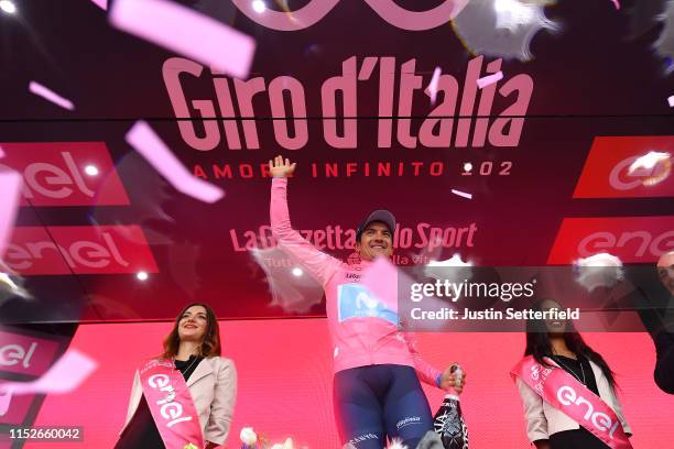 Podium / Richard Carapaz of Ecuador and Movistar Team Pink Leader Jersey / Celebration / Champagne / Miss / Hostess / during the 102nd Giro d'Italia...