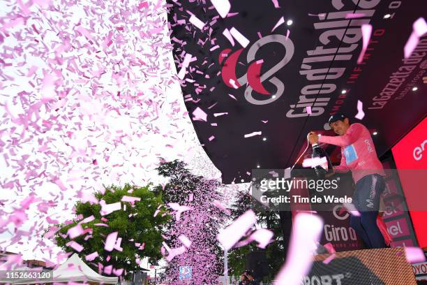 Podium / Richard Carapaz of Ecuador and Movistar Team Pink Leader Jersey / Celebration / Champagne / during the 102nd Giro d'Italia 2019, Stage 18 a...