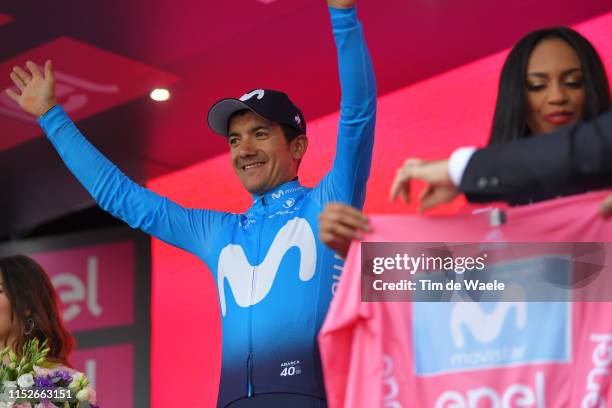 Podium / Richard Carapaz of Ecuador and Movistar Team Pink Leader Jersey / Celebration / during the 102nd Giro d'Italia 2019, Stage 18 a 222km stage...