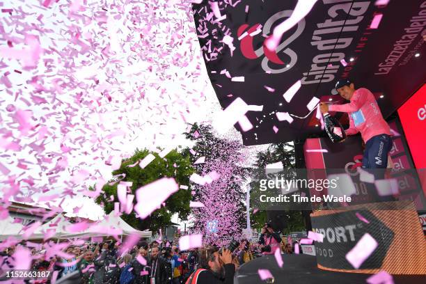 Podium / Richard Carapaz of Ecuador and Movistar Team Pink Leader Jersey / Celebration / Champagne / Press / Media / Photographers / during the 102nd...