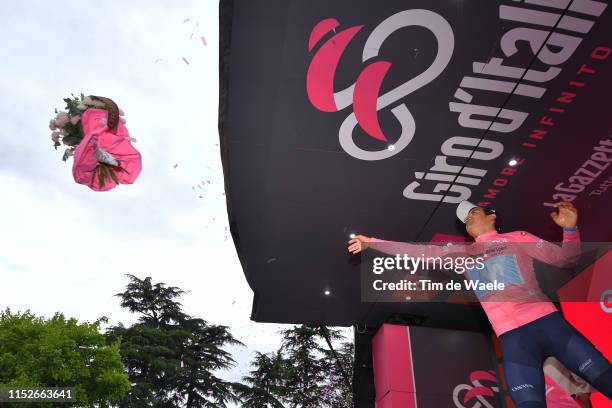 Podium / Richard Carapaz of Ecuador and Movistar Team Pink Leader Jersey / Celebration / Flowers / during the 102nd Giro d'Italia 2019, Stage 18 a...