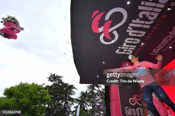 Podium / Richard Carapaz of Ecuador and Movistar Team Pink Leader Jersey / Celebration / Flowers / during the 102nd Giro d'Italia 2019, Stage 18 a...