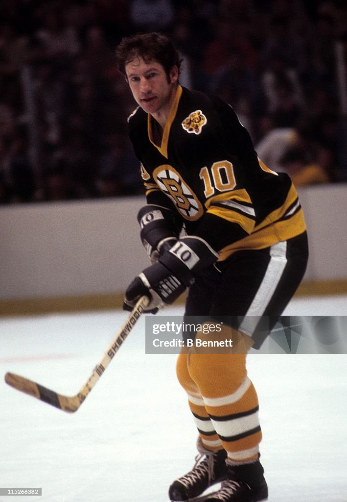 Jean Ratelle of the Boston Bruins skates on the ice during an NHL ...