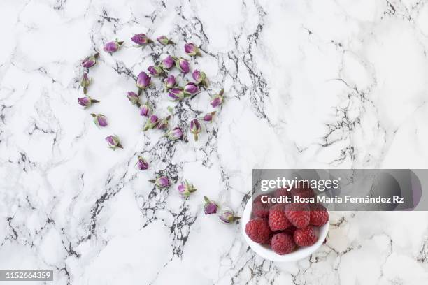 wild berry ice cream with freeze dried rose in white bowl. ingredients above over white marble background table top. directly above and copy space - rapadura stock pictures, royalty-free photos & images