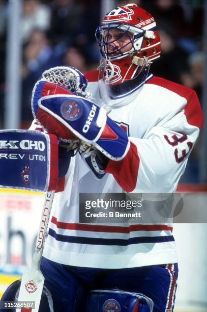 Goalie Patrick Roy of the Montreal Canadiens looks on during an NHL game in February, 1995 at the Montreal Forum in Montreal, Quebec, Canada.