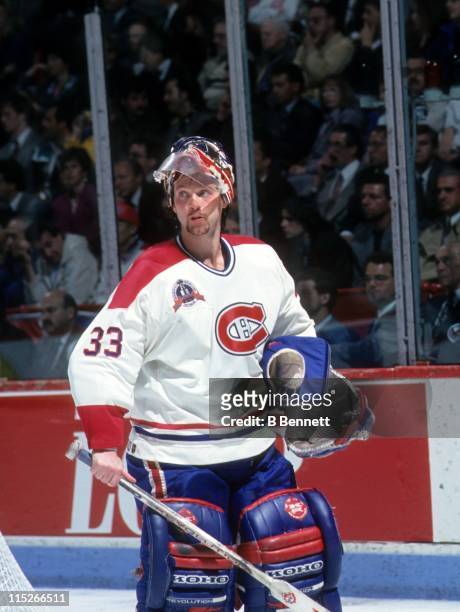 Goalie Patrick Roy of the Montreal Canadiens looks on during Game 1 of the 1993 Stanley Cup Finals against the Los Angeles Kings on June 1, 1993 at...