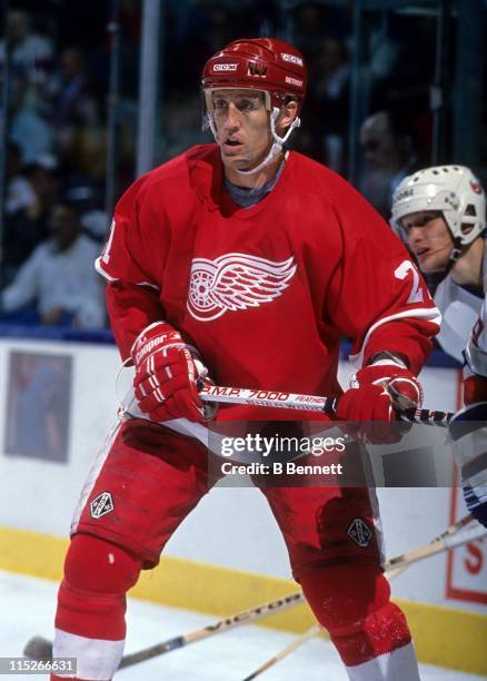 Borje Salming of the Detroit Red Wings skates on the ice during an NHL game against the New York Islanders on February 24, 1990 at the Nassau...