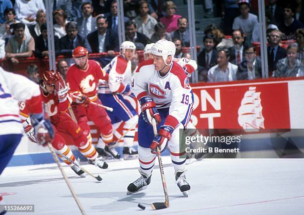 Larry Robinson of the Montreal Canadiens skates with the puck during the 1989 Stanley Cup Finals against the Calgary Flames in May, 1989 at the...