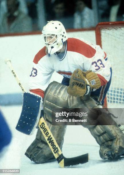 Goalie Patrick Roy of the Montreal Canadiens defends the net during an NHL game circa 1986 at the Montreal Forum in Montreal, Quebec, Canada.