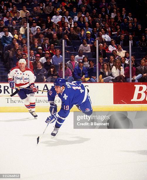 Joe Sakic of the Quebec Nordiques shoots during the game against the Washington Capitals on March 23, 1993 at the Capital Centre in Landover,...