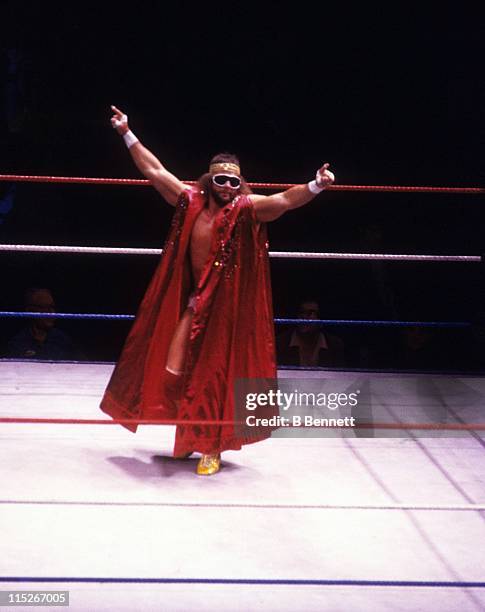 Randy "Macho Man" Savage enters the ring before a WWF match against Sika circa 1987 at the Madison Square Garden in New York, New York.