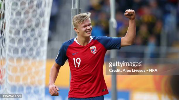 Erling Haaland of Norway celebrates after scoring his team's ninth goal during the 2019 FIFA U-20 World Cup group C match between Norway and Honduras...