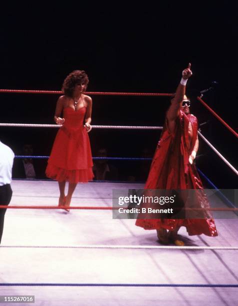 Randy "Macho Man" Savage enters the ring with Miss Elizabeth before a WWF match against Sika circa 1987 at the Madison Square Garden in New York, New...