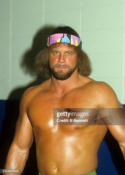 Randy "Macho Man" Savage poses for a portrait before his WWF match circa 1987.