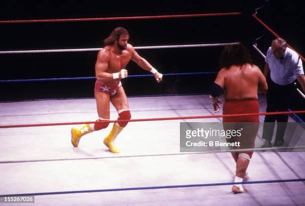 Randy "Macho Man" Savage gets ready to engage with Sika during their WWF match circa 1987 at the Madison Square Garden in New York, New York.