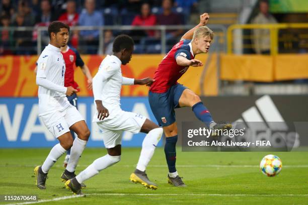 Erling Haaland of Norway scores his team's eleventh goal during the 2019 FIFA U-20 World Cup group C match between Norway and Honduras at Arena...