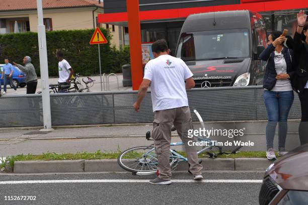 Bike dropped by a spectator in front of the breakaway riders at km 161 / Fans / Public / during the 102nd Giro d'Italia 2019, Stage 18 a 222km stage...