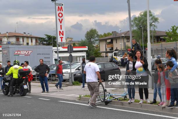 Bike dropped by a spectator in front of the breakaway riders at km 161 / Fans / Public / during the 102nd Giro d'Italia 2019, Stage 18 a 222km stage...