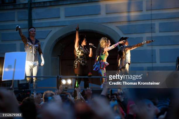 The Vengaboys perfom during a protest against the FPOe right-wing political party on May 30, 2019 in Vienna, Austria. The protests, which have been...