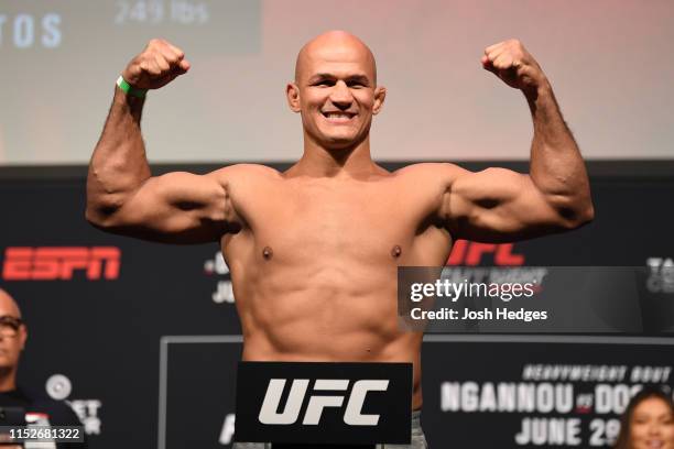 Junior Dos Santos of Brazil poses on the scale during the UFC Fight Night weigh-in at the Target Center on June 28, 2019 in Minneapolis, Minnesota.