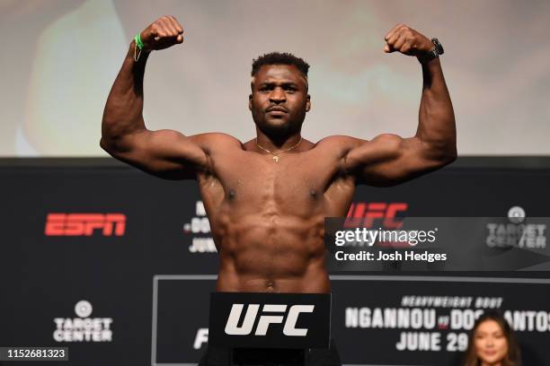 Francis Ngannou of Cameroon poses on the scale during the UFC Fight Night weigh-in at the Target Center on June 28, 2019 in Minneapolis, Minnesota.