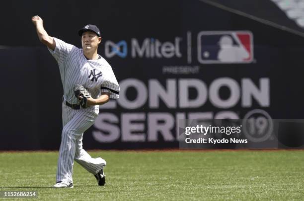 Masahiro Tanaka of the New York Yankees throws pitches during practice at London Stadium on June 28 a day before his scheduled start in Game 1 of the...