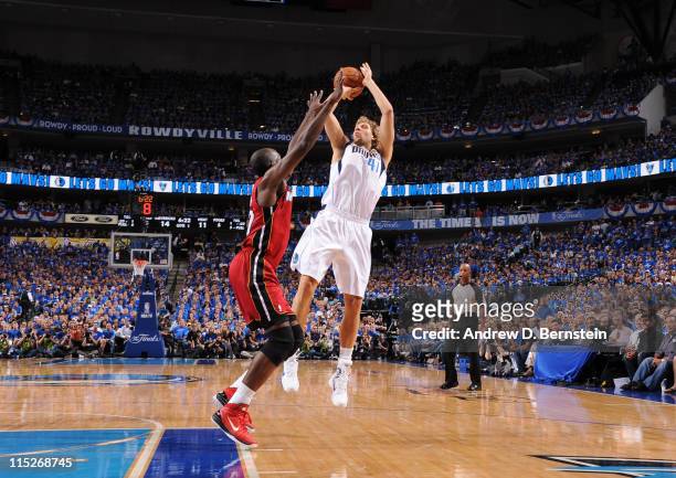 Dirk Nowitzki of the Dallas Mavericks shoots against Joel Anthony of the Miami Heat during Game Three of the 2011 NBA Finals against the on June 5,...
