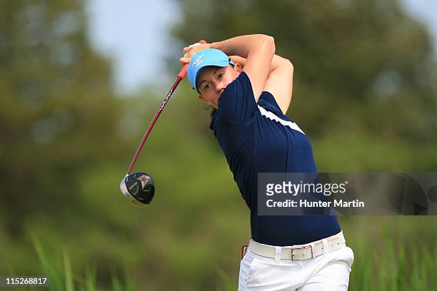 Katie Futcher hits her tee shot on the third hole during the final round of the ShopRite LPGA Classic at Seaview Resort's Bay Course on June 5, 2011...