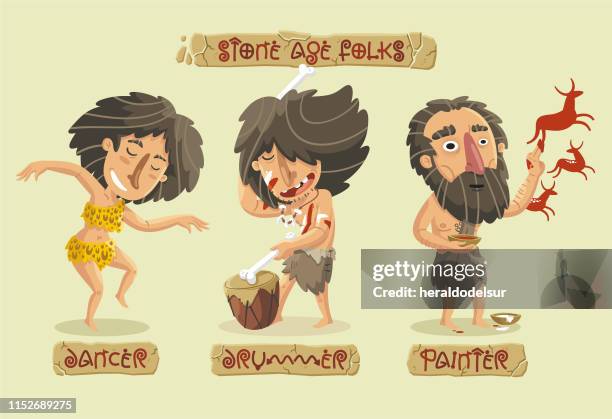 stone age characters set - cave painting vector stock illustrations