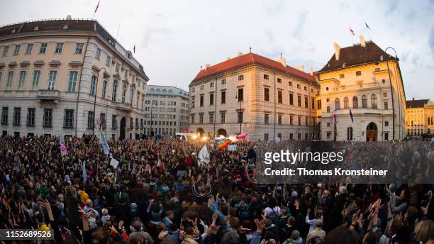The Vengaboys perfom during a protest against the FPOe right-wing political party on May 30, 2019 in Vienna, Austria. The protests, which have been...