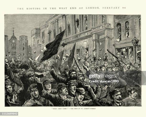 london riots, 1886, mob of rioters in st james ' s street - mob stock-grafiken, -clipart, -cartoons und -symbole