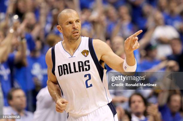 Jason Kidd of the Dallas Mavericks reacts after making a three-pointer in the third quarter against the Miami Heat in Game Three of the 2011 NBA...