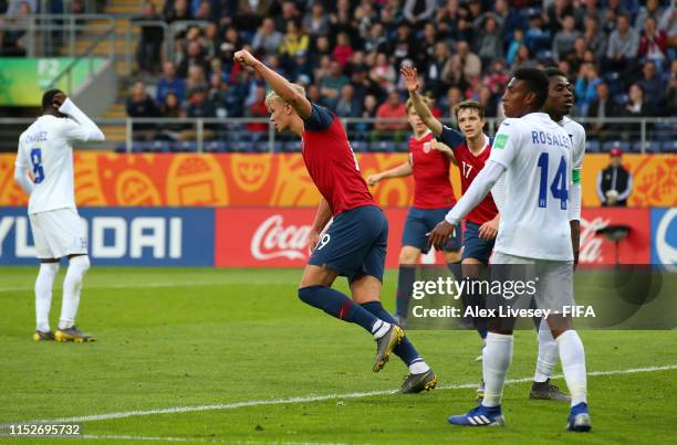 Erling Haaland of Norway celebrates after scoring his team's eighth goal during the 2019 FIFA U-20 World Cup group C match between Norway and...