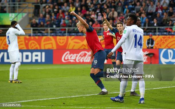 Erling Haaland of Norway celebrates after scoring his team's eighth goal during the 2019 FIFA U-20 World Cup group C match between Norway and...