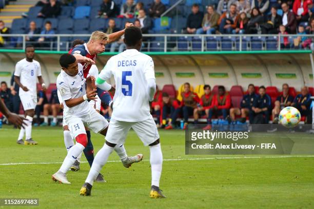 Erling Haaland of Norway scores his team's fifth goal during the 2019 FIFA U-20 World Cup group C match between Norway and Honduras at Lublin Stadium...