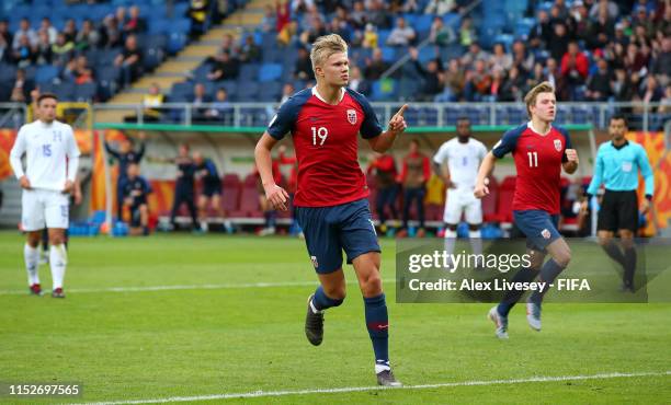 Erling Haaland of Norway celebrates after scoring his team's fourth goal during the 2019 FIFA U-20 World Cup group C match between Norway and...