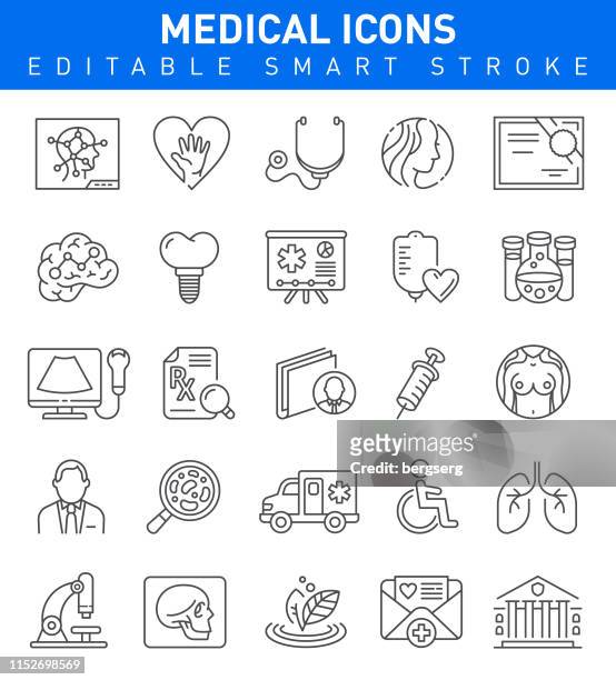 medizinische und gesundheits-line-icons. bearbeitbare schlaganfallsammlung - hörgerät stock-grafiken, -clipart, -cartoons und -symbole