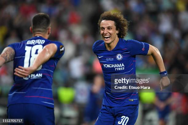 David Luiz of Chelsea celebrates after his side's fourth goal during the UEFA Europa League Final between Chelsea and Arsenal at Baku Olimpiya...