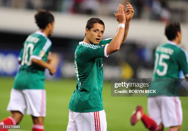 Mexico's Javier Hernández celebrates during the 2011 CONCACAF Gold Cup first round group match between El Salvador and defending champion Mexico June...