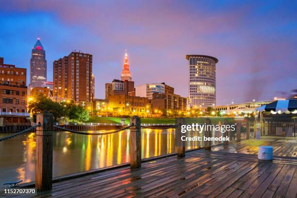 skyline of downtown cleveland ohio usa - downtown cleveland ohio stock pictures, royalty-free photos & images