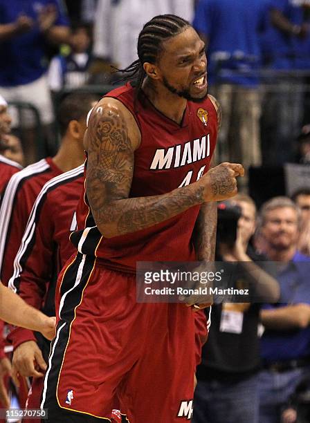 Udonis Haslem of the Miami Heat reacts in the fourth quarter while taking on the Dallas Mavericks in Game Three of the 2011 NBA Finals at American...