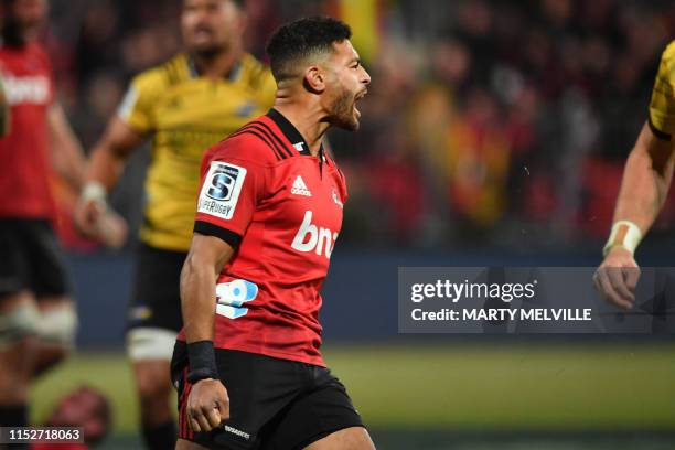 Crusaders' Richie Mo'unga celebrates his team's victory in the Super Rugby semi-final match between New Zealand's Crusaders and Hurricanes in...