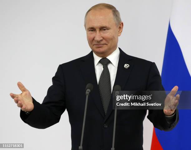 Russian President Vladimir Putin speeches during his press conference at the G20 Osaka Summit 2019, on June 29, 2019 in Osaka, Japan. Vladimir Putin...