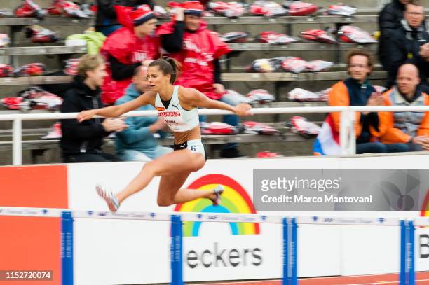 Amalie Iuel of Sweden competes in women's 400m Hurdles during Stockholm - 2019 Diamond League at Stockholms Olympiastadion on May 30, 2019 in...