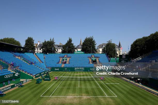 Centre Court gets prepared ahead of the days finals during day six of the Nature Valley International at Devonshire Park on June 29, 2019 in...