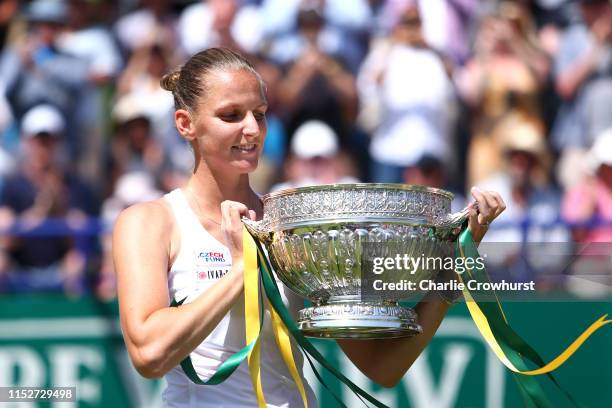 Karolina Pliskova of Czech Republic celebrates with the cup after winning the women's singles final against Angelique Kerber of Germany during day...