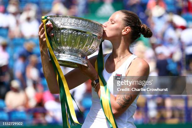 Karolina Pliskova of Czech Republic celebrates with the cup after winning the women's singles final against Angelique Kerber of Germany during day...