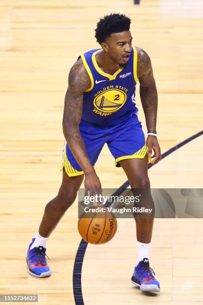 Jordan Bell of the Golden State Warriors handles the ball on offense against the Toronto Raptors in the first quarter during Game One of the 2019 NBA...