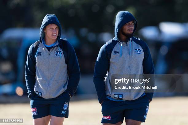 Jack Wighton and Payne Haas arrive for the New South Wales Blues State of Origin training session at Kippax Lake on May 31, 2019 in Sydney, Australia.